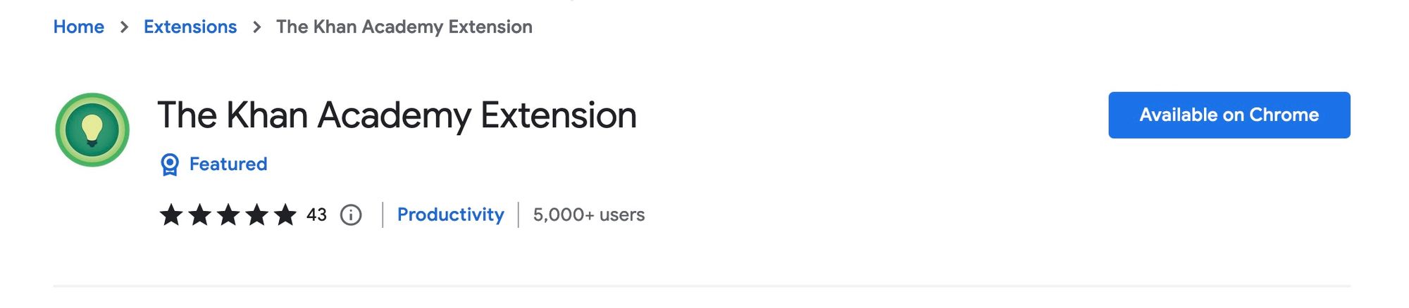 A screenshot of the Khan Academy Extension listing on the Chrome Web Store, showing 5,000+ users