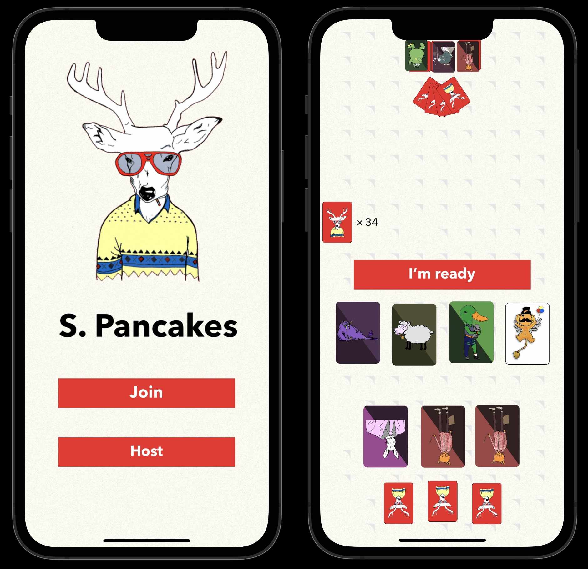 An image of two iPhone frames. The left one shows the home screen with a deer wearing a sweater and sunglasses, and "Join" and "Host" buttons. The right one show an in-progress game and several cards with colorful designs.